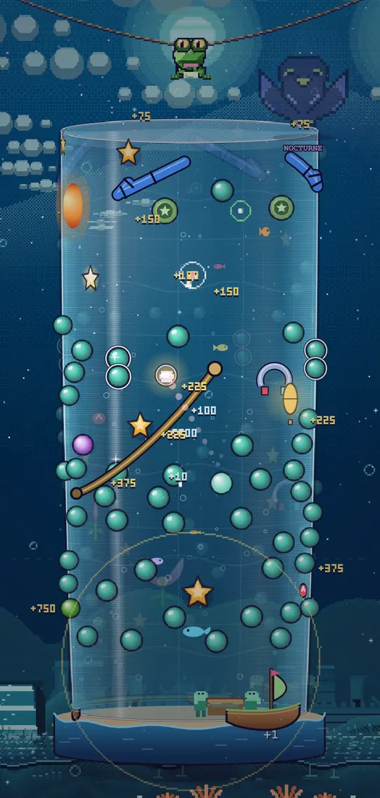 A boss duel against Nocturne the raven: both players share one board and the score pops up over the pegs