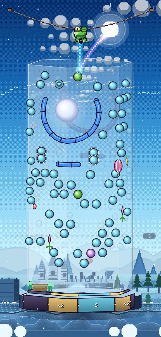 A frost world glass with snow drifting down past the pegs and a pale blue sky behind